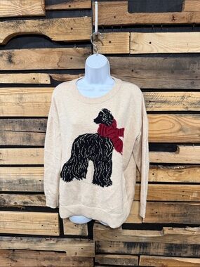 LOFT Dog Sweater Women's Medium Beige Knit Pullover Cute Puppy Graphic
Crewneck